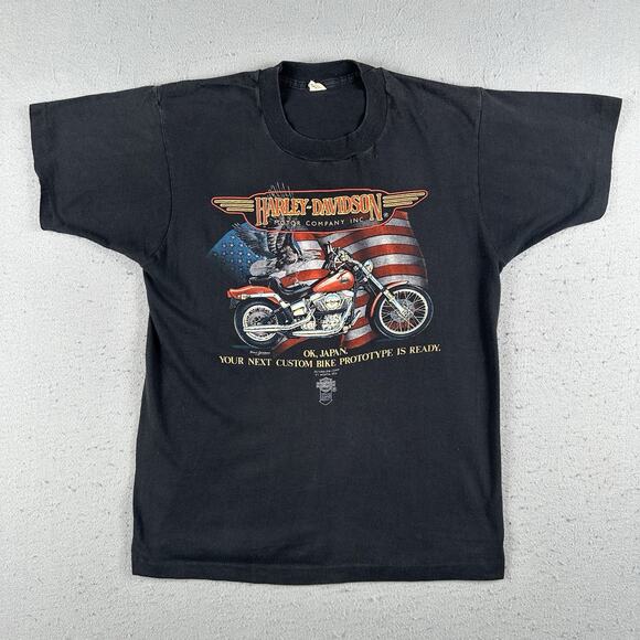 Vtg 80s Harley Davidson 3D Emblem T-Shirt Large Japan Prototype Motorcycle - Picture 1 of 16